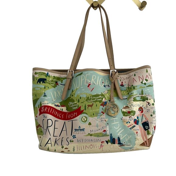 Spartina 449 Handbags - Spartina Great Lakes Tote Handbag Superior Erie Ontario Huron Map Travel